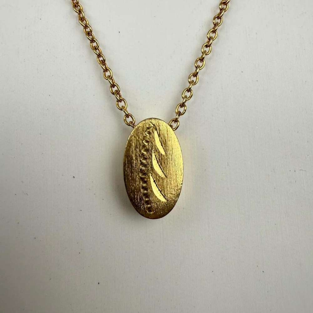 Gold Tone Necklace Oval Wheat Engraved Textured Pendant Minimalist Design